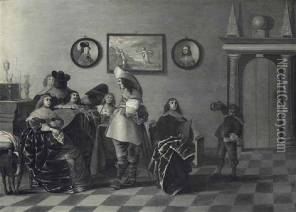 An Elegant Company In An Interior, En Grisaille Oil Painting - Anthonie Palamedesz