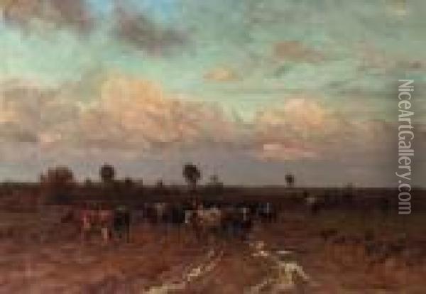 A Herdsman Driving Cattle Through A Heath Landscape Oil Painting - Julius Jacobus Van De Sande Bakhuyzen