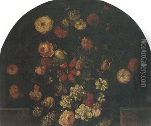 Roses, Tulips And Other Flowers In An Urn On A Ledge Oil Painting - Mario Nuzzi Mario Dei Fiori