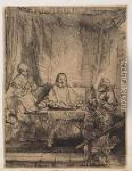Christ At Emmaus: The Larger Plate<</b> Oil Painting - Rembrandt Van Rijn