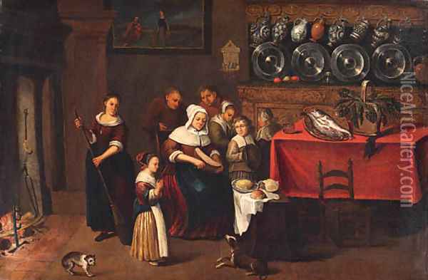 A Kitchen Interior with a Family gathered near a Table Oil Painting - Coenraet Decker