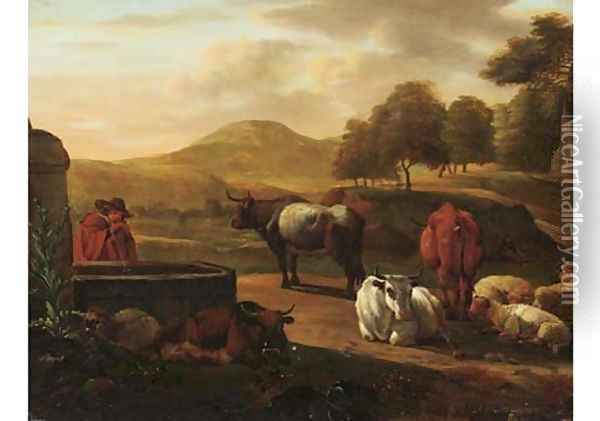 A shepherd drinking water from a fountain, cattle and sheep nearby, in a mountainous landscape Oil Painting - Nicolaes Berchem