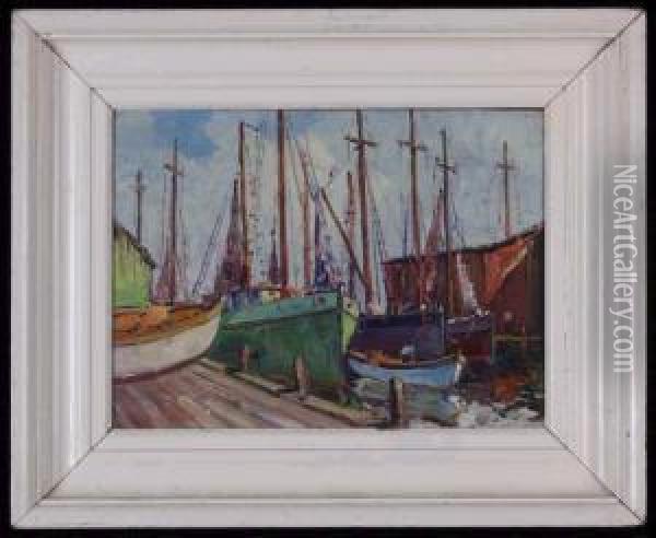 Fishing Boats In Gloucester Harbor, Mass Oil Painting - George Turland