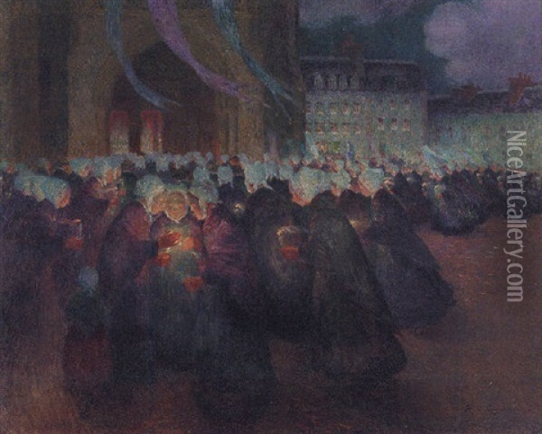 Procession De Nuit A Gueronne Oil Painting - Ferdinand du Puigaudeau