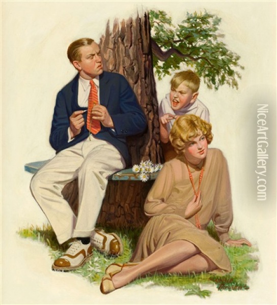 Three Siblings Of The Gyldenkrone Family Playing With A Cat Oil Painting - Leslie Thrasher