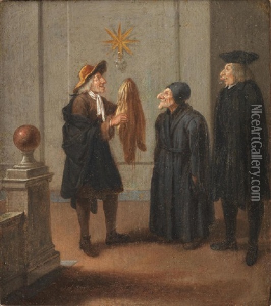 A Cleric And Other Figures In An Interior Oil Painting - Pier Leone Ghezzi
