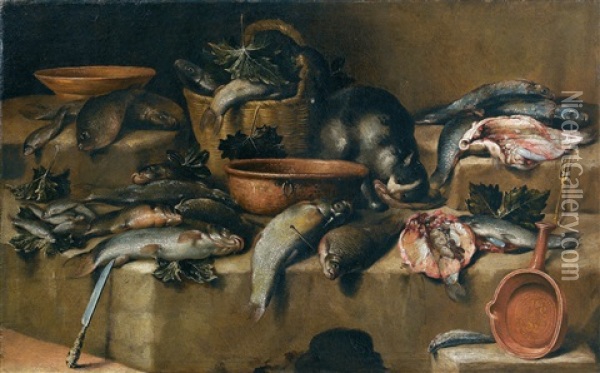 Stillleben Mit Fischen, Einem Weidenkorb, Weinblattern Und Einer Katze Mit Ihrer Beute Oil Painting - Felice Boselli