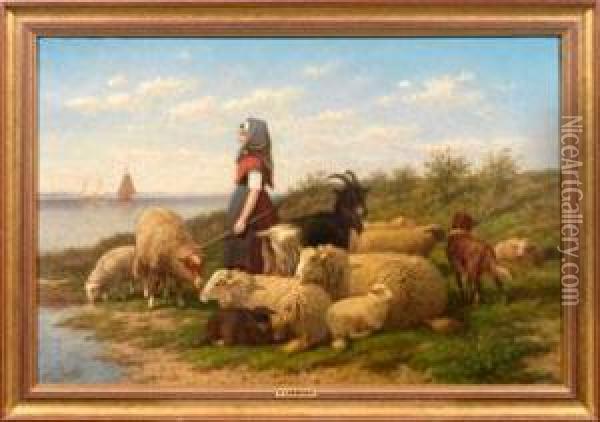 Junge Schafhirtin Mit Ihre Herde Am Meeresgestade Oil Painting - Dirk Peter Van Lokhorst
