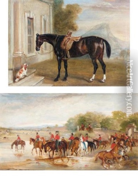 Light Dragoons Watering Their Mounts (+ A Dark Bay Hunter Outside A House With A Spaniel; 2 Works) Oil Painting - John E. Ferneley