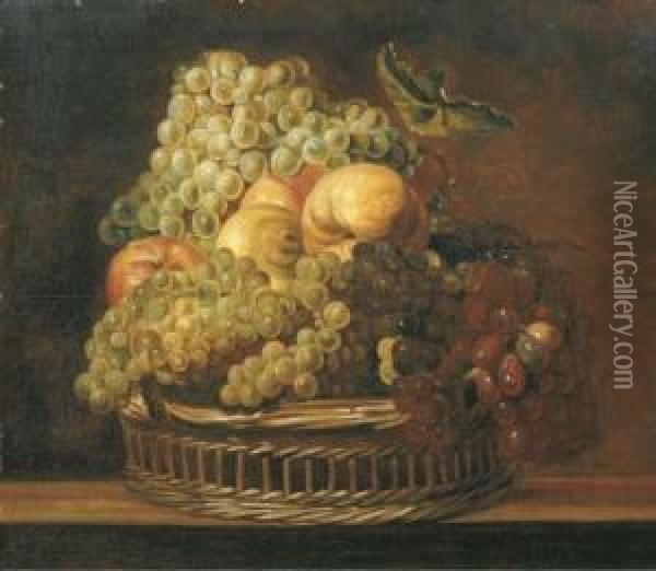 Grapes, Apples, A Peach And A Lemon In A Wicker Basket On A Woodenledge Oil Painting - Adriaen van Utrecht