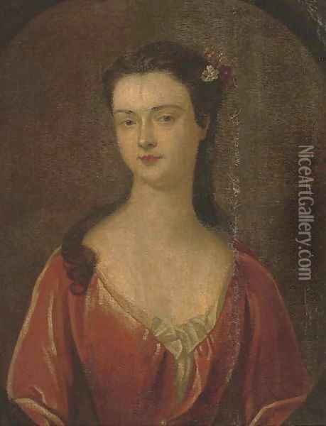 Portrait of Henrietta Erskine, bust-length, in a red dress with flowers in her hair, in a feigned oval Oil Painting - Sir Godfrey Kneller