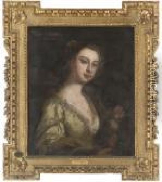 Portrait Of Elizabeth Wyndham 
(d.1769), Half-length, In A Green Dress With Lace Trim, Holding Some 
Flowers Oil Painting - Michael Dahl
