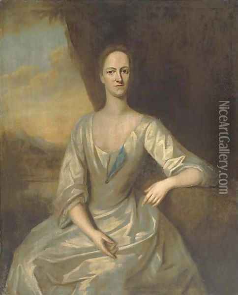 Portrait of Leonora Frederick, Mrs Romney Diggle, three-quarter-length, seated, in a white dress, her left arm resting on a plinth Oil Painting - Michael Dahl
