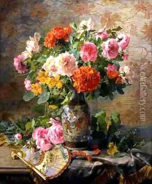 Vase of Flowers and a Fan Oil Painting - Pierre Garnier