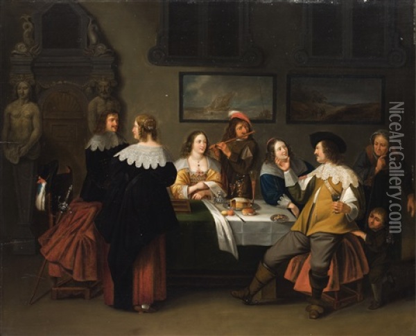 An Interior With Elegant Figures Making Merry: The Prodigal Son Feasting With The Prostitutes In A Brothel Oil Painting - Christoffel Jacobsz. Van Der Lamen