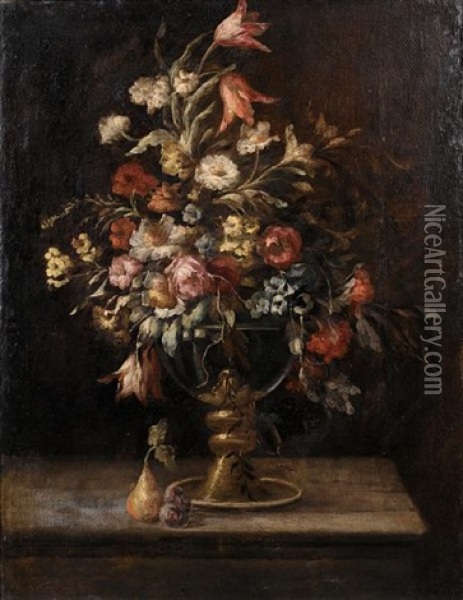 Tulips, Roses, Narcissi And Other Flowers In A Vase With A Pear And Plums On A Table Top Oil Painting -  Pseudo Guardi