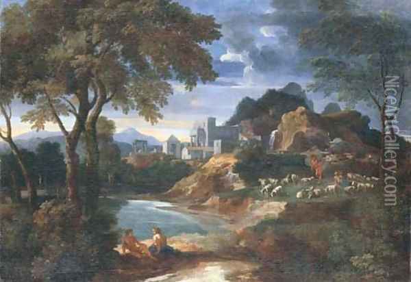 An Italianate river landscape with a villa and shepherds resting with their flock by a pond Oil Painting - Gaspard Dughet Poussin