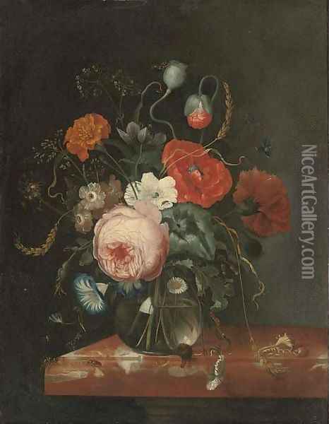 A rose, a peony, a carnation, convolvulus and other flowers in a glass vase Oil Painting - Johann Adalbert Angermayer