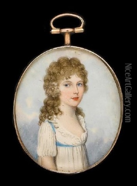 A Lady, Wearing White Dress With Blue Sash, Her Curling Brown Hair Worn Long Oil Painting - Frederick Buck