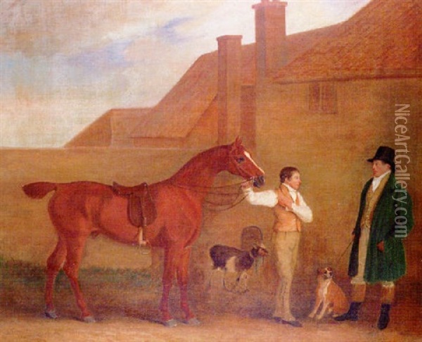 Mr Charlton With His Groom Holding A Chesnut Hunter In A Yard Oil Painting - John E. Ferneley