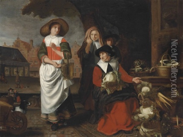 An Old Women At A Vegetable Stall, A Girl With A Milk Pail And Two Children, A Town Square Beyond Oil Painting - Nicolaes Maes