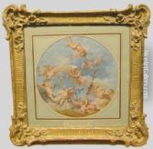 Putti Conjoining Monograms: A Decorative Design Oil Painting - Jean-Honore Fragonard
