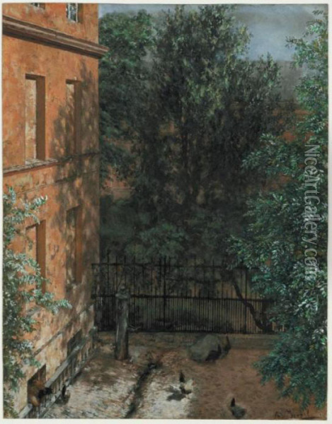 Blick In Einen Kleinen Hof (view Into A Little Yard) Oil Painting - Adolph von Menzel