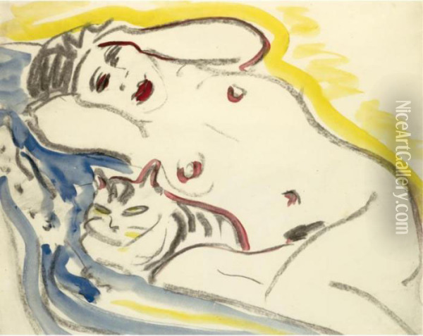Liegender Weiblicher Akt Mit 
Katze (reclining Female Nude With Cat) - Recto Weisse Katze (white Cat) -
 Verso Oil Painting - Ernst Ludwig Kirchner