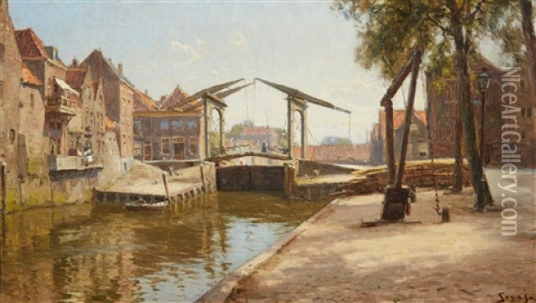 View Of A Canal And Draw-bridge Oil Painting - Carl Martin Soya-Jensen