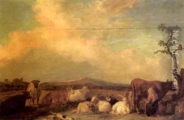 A Milkmaid Milking A Cow With Other Livestock Resting In A Meadow, Hills Beyond Oil Painting - Franz (Francois) Ryckhals