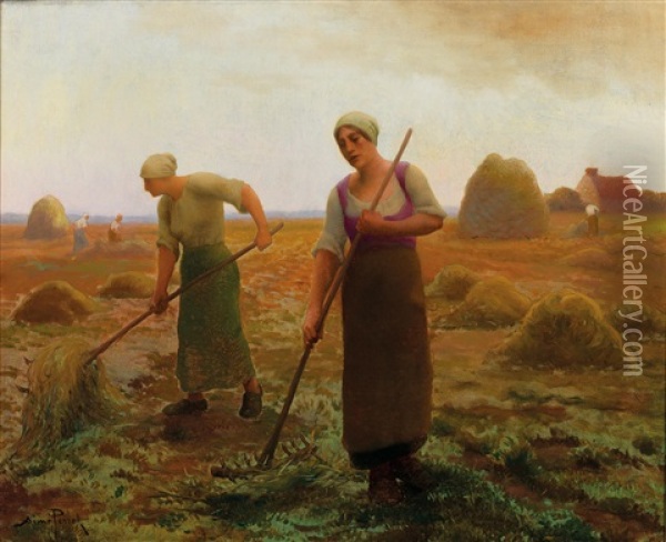 Women Helping With The Harvest Oil Painting - Aime Perret