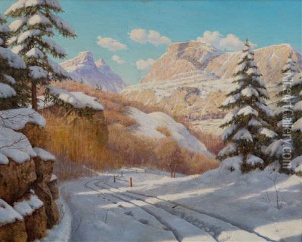 A Bright Winter Day In The Mountains Oil Painting - Boris Bessonof