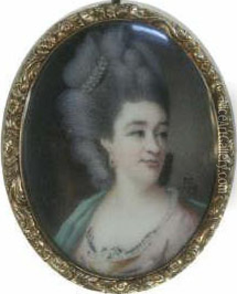 Miniature Of A Lady With Elaborate Coiffeur Initialled And Dated 1779 2 X 1.5in Oil Painting - Samuel Cotes