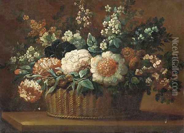 Carnations, roses and other flowers in a basket on a ledge 2 Oil Painting - Anne Vallayer-Coster