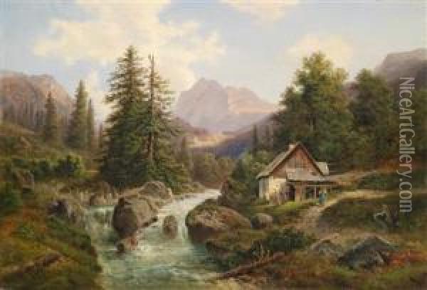 Waldlandschaft Mit Gebirgsbach Und Figurlicher Staffage Oil Painting - Gustav Barbarini