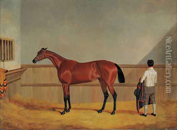 Matilda, a bay racehorse with her groom in a loosebox Oil Painting - John Frederick Herring Snr