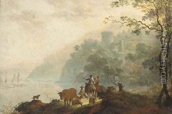 An Italianate landscape with cattle herders in the foreground Oil Painting - Frederick De Moucheron