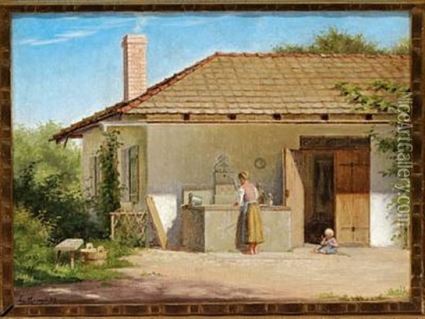 Mother And Child In Front Of A House In Southern Europe Oil Painting - Emilie (Caroline E.) Mundt