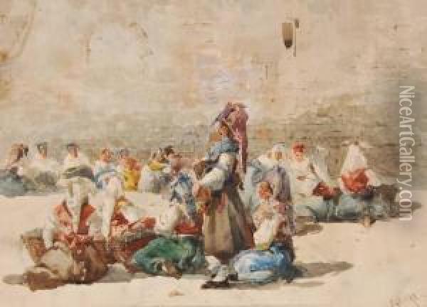 Women Gathered In A Market Square Oil Painting - Baldomero Galofre Y Gimenez