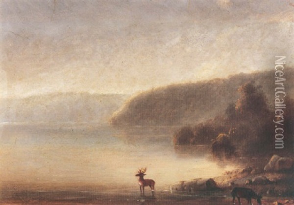 Landscape With Elks Oil Painting - Alfred Jacob Miller
