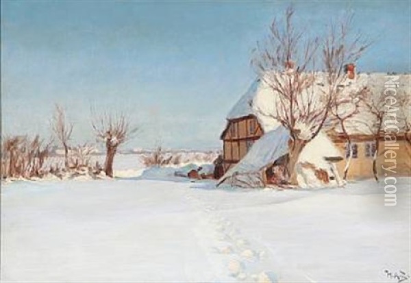 Footprints In The Snow At A Farmhouse On The Countryside Oil Painting - Hans Andersen Brendekilde