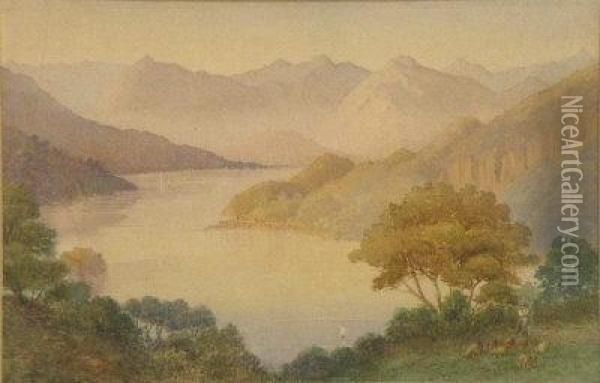 An Italian Lake Scene Oil Painting - William, Everett Col.