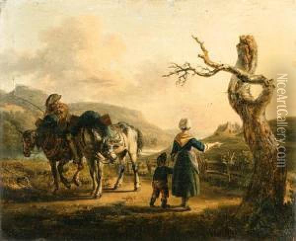 A Traveller On Horseback Conversing With A Mother And Child On Apath Oil Painting - Auguste-Xavier Leprince