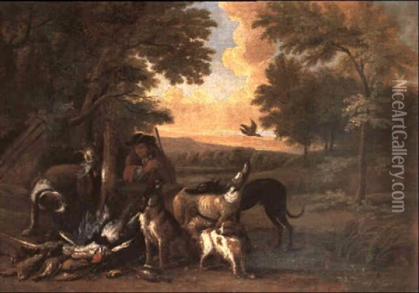 A Sportsman After The Hunt With Hounds And Game Birds In A  Landscape Oil Painting - Adriaen de Gryef