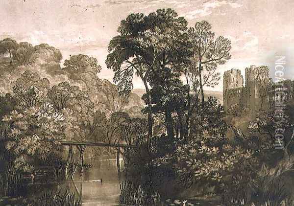 Berry Pomeroy Castle, from the Liber Studiorum, engraved by the artist, 1816 Oil Painting - Joseph Mallord William Turner