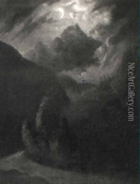 Gebirgslandschaft Mit Fluss Unter Gewitterwolken Oil Painting - Carl Ebert
