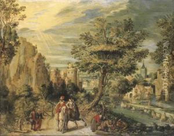 A Rocky River Landscape With Horsemen And Other Figures On A Path Oil Painting - Christoffel van den Berghe