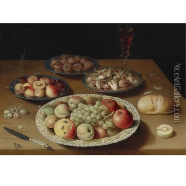 Still Life On A Plain Wooden Table: A Large Wanli Porcelain Dish Of Fruit, A Pewter Dish Of Fruit, Medlars And Nuts, A Moth, Two Venetian-style Glasses Of Wine, One White And The Other Red Oil Painting - Osias Beert the Elder