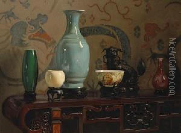 Asian Still Life With Blue Vase Oil Painting - Hubert Vos