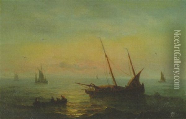 Fishing Boats At Sunset Oil Painting - Baron Jean Antoine Theodore Gudin